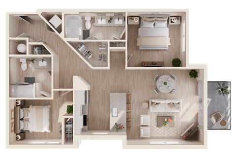 Floor plan for 2 beds, 2 baths, 1133 sqft